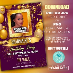 May include: A digital birthday party invitation in purple and gold. The design features a photo frame, gold balloons, and the text "Sharmaine's Birthday Party" with event details. Available for download in PDF, JPG, or PNG formats for print or social media.