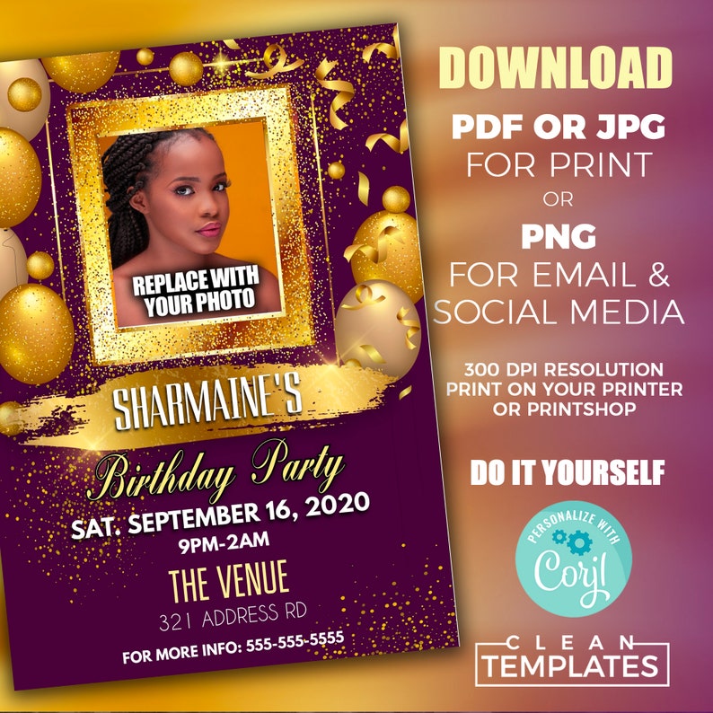 May include: A digital birthday party invitation in purple and gold. The design features a photo frame, gold balloons, and the text "Sharmaine's Birthday Party" with event details. Available for download in PDF, JPG, or PNG formats for print or social media.
