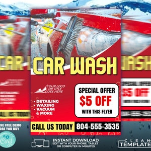 May include: Red and yellow flyer advertising a car wash with a special offer of &pound;5 off with this flyer. The flyer has a picture of a red car being washed with a brush. The phone number to call is 804-555-3535.