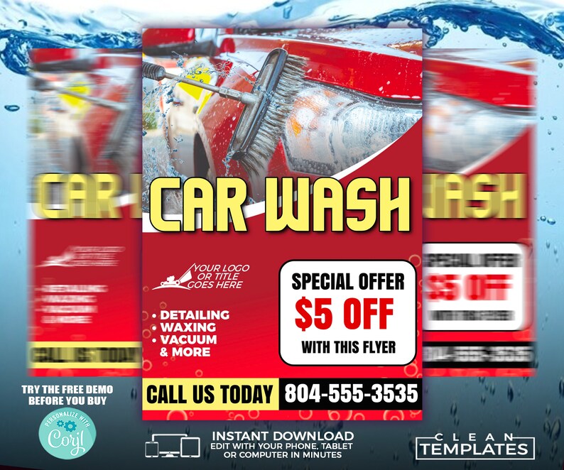 May include: Red and yellow flyer advertising a car wash with a special offer of &pound;5 off with this flyer. The flyer has a picture of a red car being washed with a brush. The phone number to call is 804-555-3535.