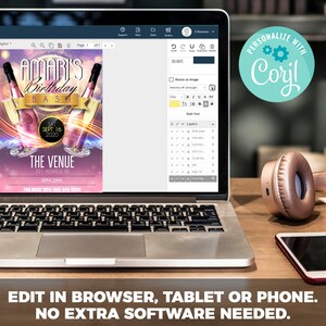 May include: A laptop computer screen displaying a purple and pink birthday party invitation with the text "Amari's Birthday Bash" and a date of September 16, 2020. The invitation also includes the text "The Venue" and an address. The laptop is on a wooden table with a pink and gold wireless headphone and a black smartphone.
