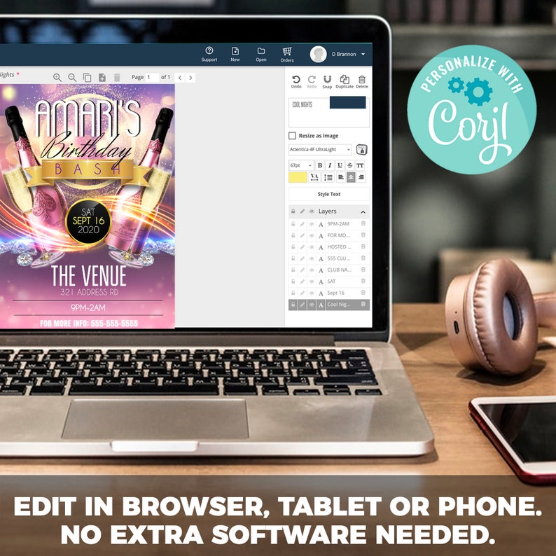 May include: A laptop computer screen displaying a purple and pink birthday party invitation with the text "Amari's Birthday Bash" and a date of September 16, 2020. The invitation also includes the text "The Venue" and an address. The laptop is on a wooden table with a pink and gold wireless headphone and a black smartphone.