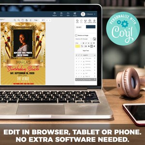 May include: A digital invitation template for a birthday party. The template features a gold background with champagne bottles and a photo placeholder. The text on the template reads "Marla's Birthday Bash" and includes the date, time, and location of the party.