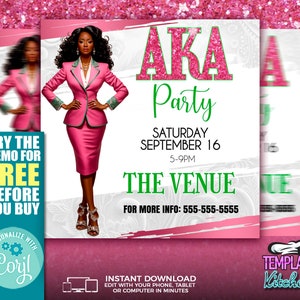 May include: A pink and green invitation for an AKA party. The invitation features a woman in a pink blazer and skirt, with the text "AKA Party" in pink and green glitter letters. The text "Saturday September 16, 5-9PM" is also included, along with the text "The Venue" and a phone number for more information.