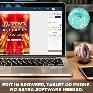 May include: A laptop computer screen displaying a birthday party invitation template with a red background and gold text. The invitation says "Avery's Birthday Celebration" and includes the date, time, and location of the party. The text "Personalize with Corjl" is displayed on a blue circle with a gear icon.