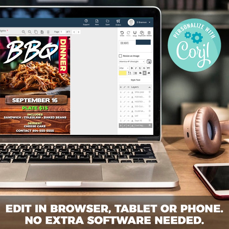 May include: A laptop computer displaying a website with a design for a BBQ dinner event. The design features a plate of pulled pork, the date September 16, and the price $15. The website is titled "Personalize with Corjl".