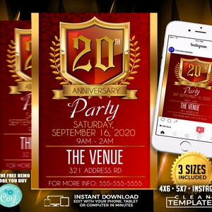 May include: A red and gold 20th anniversary party invitation with a shield design. The invitation includes the date, time, and location of the party. It also includes the text "Try the free demo before you buy".