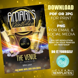 K&ouml;nnte beinhalten: Eine goldene und schwarze Geburtstagseinladung mit einem Design aus Champagnerflasche und -glas. Der Text lautet "Amari's Birthday Bash" mit dem Datum "Sat Sept 16" und der Uhrzeit "9pm-2am". Der Veranstaltungsort ist als "The Venue" mit der Adresse "321 Address Rd" angegeben. Die Einladung enth&auml;lt auch die Telefonnummer "555-555-5555" f&uuml;r weitere Informationen. Die Einladung enth&auml;lt den Text "PDF oder JPG zum Ausdrucken herunterladen oder PNG f&uuml;r E-Mail und soziale Medien". Die Einladung enth&auml;lt auch den Text "300 DPI Aufl&ouml;sung Drucken Sie auf Ihrem Drucker oder Printshop". Die Einladung enth&auml;lt auch den Text "Machen Sie es selbst" und "Personalisieren Sie mit Coril - Saubere Vorlagen".