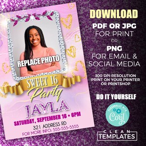 May include: A pink and purple digital invitation with gold glitter accents. The invitation features a photo frame with a placeholder for a photo, a gold ribbon, and the text "Sweet 16 Party Jayla". The invitation also includes the date and time of the party, the address, and a phone number for more information.
