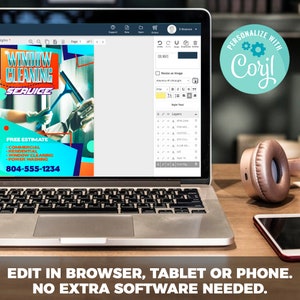 May include: A laptop computer screen displaying a website with a window cleaning service advertisement. The ad features a colourful design with the text "WINDOW CLEANING SERVICE" and a phone number. The website is being edited using a tool called "Corjl". The text "EDIT IN BROWSER, TABLET OR PHONE. NO EXTRA SOFTWARE NEEDED." is displayed below the laptop.