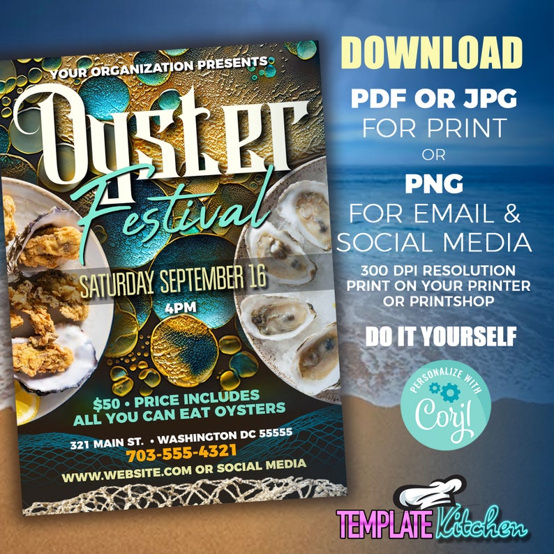 May include: A colorful flyer advertising an oyster festival. The flyer features a photo of oysters on a plate and text that reads "Oyster Festival" and "Saturday September 16". The flyer also includes the price of admission, the address, and a website.