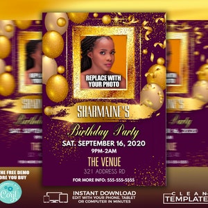 May include: A digital birthday party invitation template in purple and gold. The design features gold balloons, confetti, and a photo placeholder. Text includes "SHARMAINE'S Birthday Party" and event details. The template is for instant download.