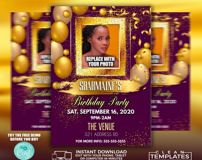 Purple and Gold Birthday Party | Edit Online | 5X7 Digital & Printable | Do It Yourself | Corjl Template