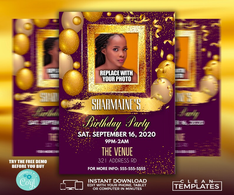 May include: A digital birthday party invitation template in purple and gold. The design features gold balloons, confetti, and a photo placeholder. Text includes "SHARMAINE'S Birthday Party" and event details. The template is for instant download.