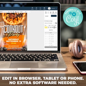 Pode incluir: Um computador port&aacute;til exibindo um panfleto digital para uma festa de churrasco. O panfleto apresenta um gr&aacute;fico de comida grelhada e chamas, com o texto "Cookout Party" em negrito, em laranja. O panfleto tamb&eacute;m inclui a data, a hora e o endere&ccedil;o do evento. O texto "Personalizar com Corjl" &eacute; exibido em um c&iacute;rculo azul com um &iacute;cone de engrenagem.