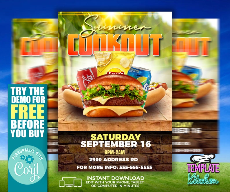 May include: A flyer for a summer cookout event on Saturday, September 16th, from 9pm to 2am. The flyer features a burger, hot dog, and drinks on a wooden table. The text on the flyer says "Summer Cookout" and includes the date, time, address, and contact information. The flyer also includes the text "Try the demo for free before you buy" and "Personalize with Corjl".