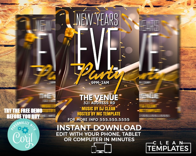New Years Eve Flyer Invitation Template | Edit Online | 5X7 Digital & Printable | Do It Yourself | Corjl Template