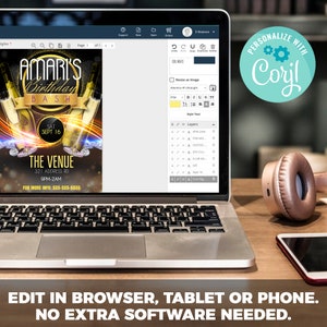K&ouml;nnte beinhalten: Ein Laptop-Bildschirm zeigt eine Geburtstagseinladungsvorlage mit einem farbenfrohen Design, das Champagnerflaschen und den Text "Amari's Birthday Bash" zeigt. Die Einladung enth&auml;lt das Datum, die Uhrzeit und den Ort der Veranstaltung. Der Text "Personalisieren mit Corjl" wird auf einem blauen Kreis mit einem Zahnradsymbol angezeigt. Der Text "Im Browser, Tablet oder Smartphone bearbeiten. Keine zus&auml;tzliche Software erforderlich." wird unter dem Laptop angezeigt.