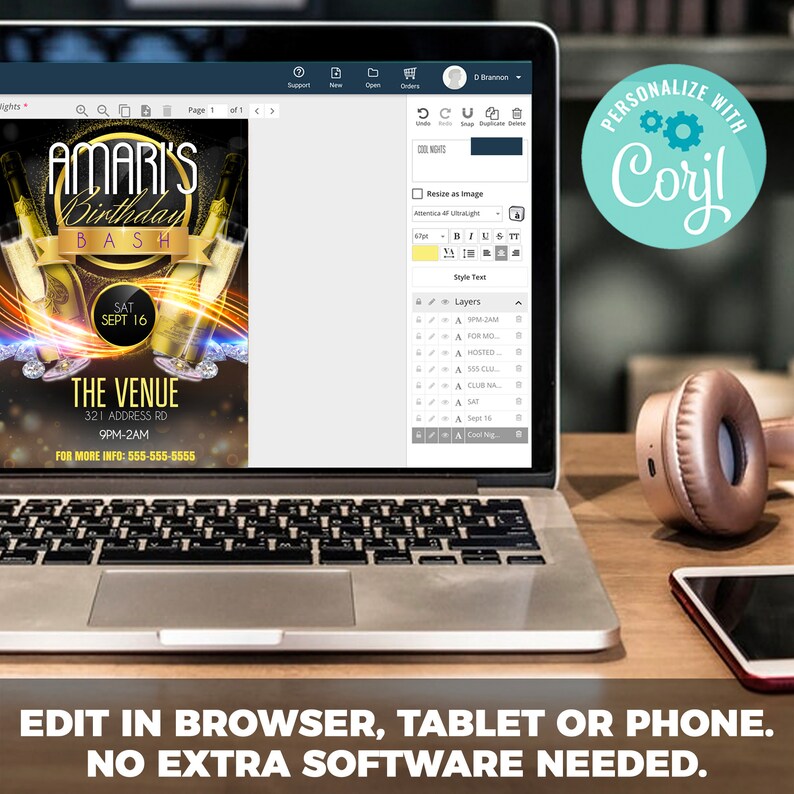 K&ouml;nnte beinhalten: Ein Laptop-Bildschirm zeigt eine Geburtstagseinladungsvorlage mit einem farbenfrohen Design, das Champagnerflaschen und den Text "Amari's Birthday Bash" zeigt. Die Einladung enth&auml;lt das Datum, die Uhrzeit und den Ort der Veranstaltung. Der Text "Personalisieren mit Corjl" wird auf einem blauen Kreis mit einem Zahnradsymbol angezeigt. Der Text "Im Browser, Tablet oder Smartphone bearbeiten. Keine zus&auml;tzliche Software erforderlich." wird unter dem Laptop angezeigt.
