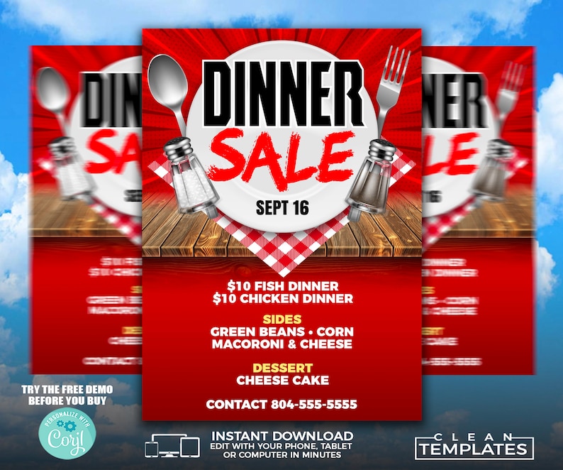 Puede incluir: Un folleto rojo y blanco con el texto "Dinner Sale" en un c&iacute;rculo blanco con borde rojo. El texto "Sept 16" est&aacute; debajo del c&iacute;rculo. El folleto anuncia una cena de pescado y una cena de pollo por 10 &euro; cada una. Tambi&eacute;n enumera los acompa&ntilde;amientos, el postre y un n&uacute;mero de contacto.