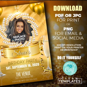 Może przedstawiać: Złoty szablon zaproszenia na przyjęcie urodzinowe z ramką na zdjęcie, kieliszkami do szampana i tekstem "Stevie's Birthday Party Sat. September 16, 2020 9PM-12AM The Venue 321 Address Rd For More Info: 555-555-5555".