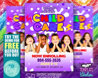 May include: Purple flyer with a white splatter design and the text "CHILD CARE" in colorful letters. The flyer advertises a childcare center with the phone number 804-555-3535 and the text "NOW ENROLLING". The flyer also includes the text "AGES 0-12" and "123 MAIN ST. ATLANTA GA".