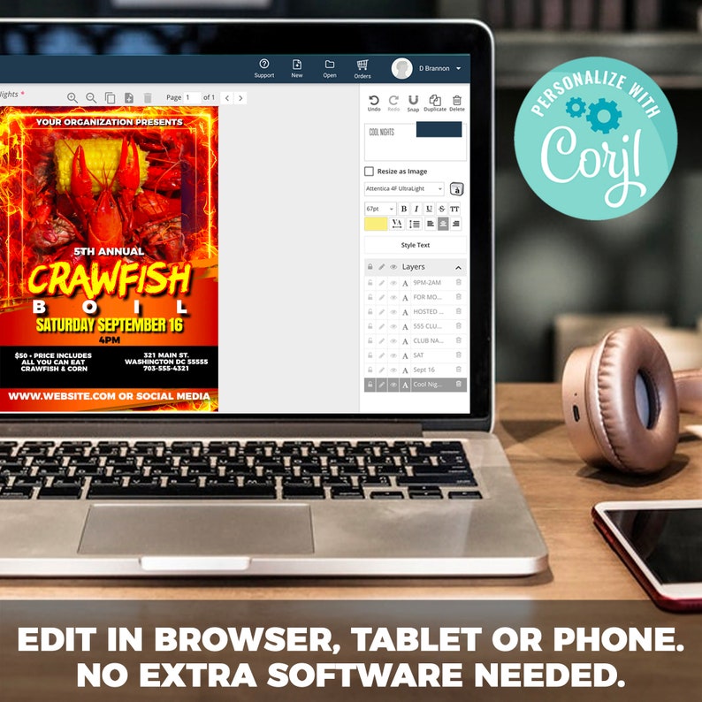 May include: A laptop displays a vibrant event flyer for a Crawfish Boil, featuring red crawfish graphics and event details. The flyer is on a laptop screen, with the text "Personalize with Corjl" and "Edit in browser, tablet or phone. No extra software needed."