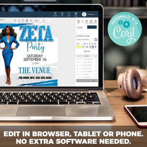 May include: A digital invitation for a Zeta party with a blue and white color scheme. The invitation features a woman in a blue suit and a sparkly blue and white text overlay. The text reads "Zeta Party", "Saturday September 16", "5-9PM", "The Venue", and "For More Info: 555-555-5555".