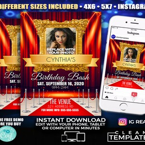 May include: A red and gold birthday party invitation with a red carpet, gold stanchions, and a picture frame with the text "Replace with your photo" and "Cynthia's Birthday Bash". The invitation also includes the date and time of the party, the venue, and contact information.