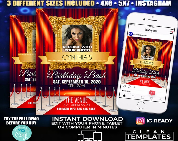 Birthday Bash | 3 Sizes Included | 4x6 +  5X7 + Instagram Post | Digital & Printable | Do It Yourself | Corjl Template