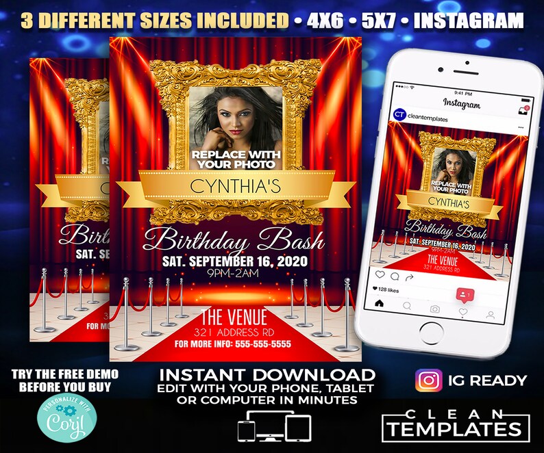 May include: A red and gold birthday party invitation with a red carpet, gold stanchions, and a picture frame with the text "Replace with your photo" and "Cynthia's Birthday Bash". The invitation also includes the date and time of the party, the venue, and contact information.