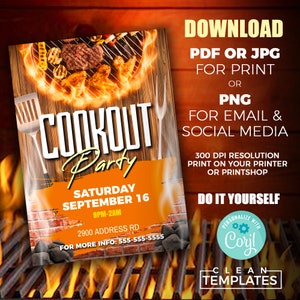 Pode incluir: Um convite imprim&iacute;vel para uma festa de churrasco. O convite apresenta uma grelha com chamas e comida a cozinhar nela. O texto do convite diz "Cookout Party", "S&aacute;bado 16 de setembro", "9PM-2AM", "2900 Address Rd", e "Para mais informa&ccedil;&otilde;es: 555-555-5555".