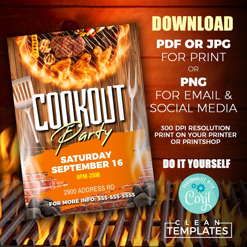 Pode incluir: Um convite imprim&iacute;vel para uma festa de churrasco. O convite apresenta uma grelha com chamas e comida a cozinhar nela. O texto do convite diz "Cookout Party", "S&aacute;bado 16 de setembro", "9PM-2AM", "2900 Address Rd", e "Para mais informa&ccedil;&otilde;es: 555-555-5555".