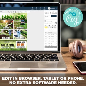 Op de afbeelding: Een laptopscherm dat een website toont met een groene en witte flyer voor gazononderhoud. De flyer heeft een titel die "Gazononderhoud" zegt en diensten zoals "hagen", "maaien", "mulchen" en "trimmen" opsomt. De flyer bevat ook een speciale aanbieding voor &euro; 5 korting met de flyer. De website wordt bewerkt met een tool genaamd "Corjl".