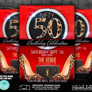 May include: Red and black birthday party invitation with a leopard print design. The invitation features a large, glittery number 50, a pair of high heels, and a purse. The text reads "Nifty 50 Birthday Celebration" and "Saturday Sept 16, 9PM-2AM, The Venue, 321 Address Rd".
