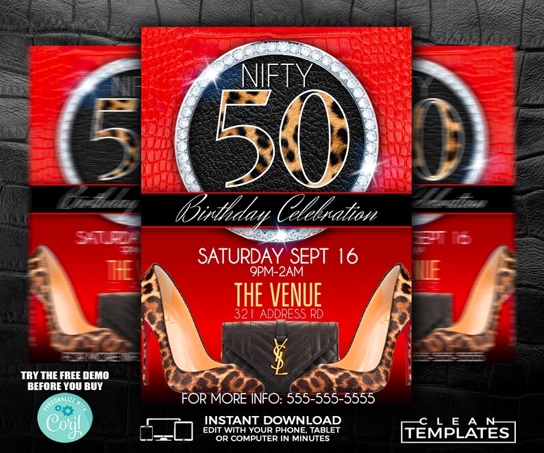 May include: Red and black birthday party invitation with a leopard print design. The invitation features a large, glittery number 50, a pair of high heels, and a purse. The text reads "Nifty 50 Birthday Celebration" and "Saturday Sept 16, 9PM-2AM, The Venue, 321 Address Rd".