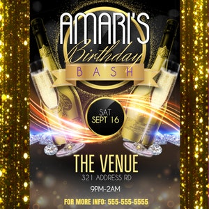 K&ouml;nnte beinhalten: Eine goldene und schwarze Geburtstagseinladung mit dem Text "AMARI'S Birthday BASH" und "SAT SEPT 16". Die Einladung enth&auml;lt auch den Text "THE VENUE", "321 ADDRESS RD", "9PM-2AM" und "FOR MORE INFO: 555-555-5555".