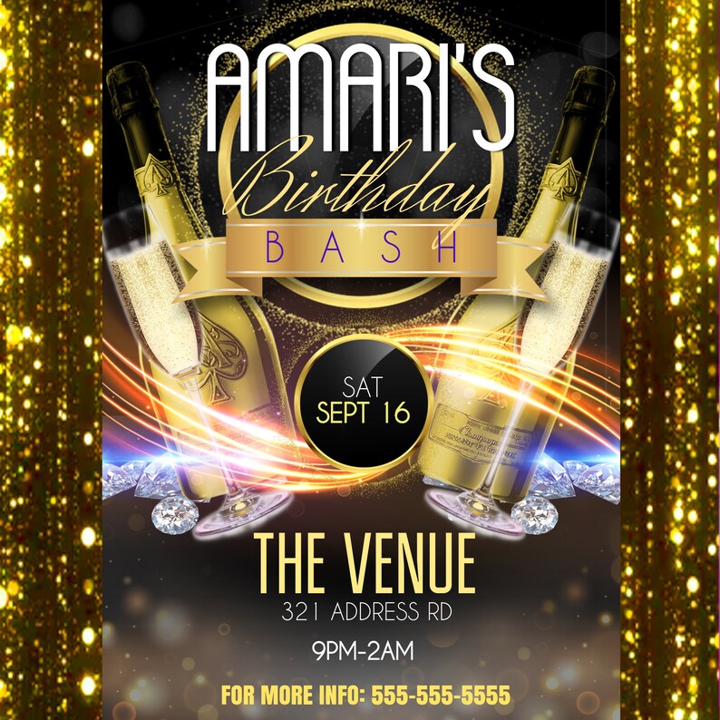 K&ouml;nnte beinhalten: Eine goldene und schwarze Geburtstagseinladung mit dem Text "AMARI'S Birthday BASH" und "SAT SEPT 16". Die Einladung enth&auml;lt auch den Text "THE VENUE", "321 ADDRESS RD", "9PM-2AM" und "FOR MORE INFO: 555-555-5555".
