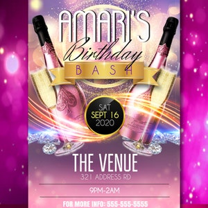 May include: A pink and gold birthday party invitation with the text "AMARI'S Birthday BASH" and "SAT SEPT 16 2020". The invitation also includes the text "THE VENUE" and "321 ADDRESS RD".