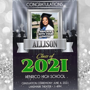 May include: A graduation announcement with a silver and black background. The announcement features a photo of a graduate, the name Allison, the text "Class of 2021", and the name of the school, Henrico High School. The announcement also includes the date and time of the graduation ceremony, June 4, 2021, at 1-4 PM at the Landmark Theater.
