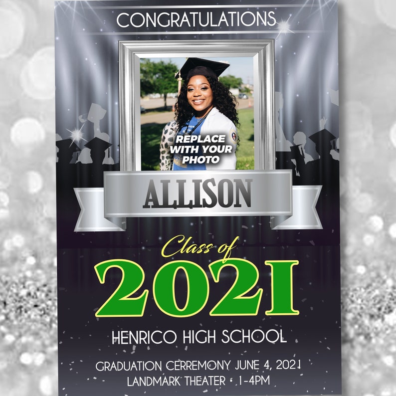 May include: A graduation announcement with a silver and black background. The announcement features a photo of a graduate, the name Allison, the text "Class of 2021", and the name of the school, Henrico High School. The announcement also includes the date and time of the graduation ceremony, June 4, 2021, at 1-4 PM at the Landmark Theater.