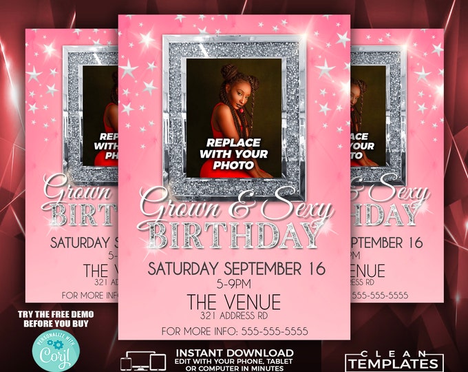 Pink Grown and Sexy Birthday Bash | Edit Online | 5X7 Digital & Printable | Do It Yourself | Corjl Template