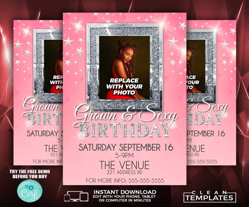 Może przedstawiać: R&oacute;żowe zaproszenie na urodziny z srebrną błyszczącą ramką. Ramka ma miejsce na dodanie zdjęcia. Tekst brzmi "Grown & Sexy Birthday" z datą "Sobota, 16 września, 17:00-21:00" i miejscem "The Venue, 321 Address Rd".