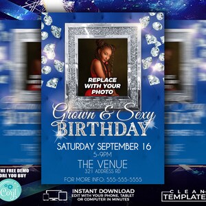 May include: A blue and silver birthday party invitation with a diamond theme. The invitation features a photo placeholder, the text "Grown & Sexy Birthday", and the date "Saturday September 16".