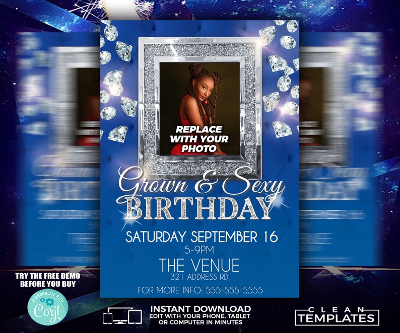 May include: A blue and silver birthday party invitation with a diamond theme. The invitation features a photo placeholder, the text "Grown & Sexy Birthday", and the date "Saturday September 16".
