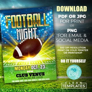 K&ouml;nnte beinhalten: Eine druckbare Einladung zu einer Fussballparty. Die Einladung zeigt einen Fussball auf einem gr&uuml;nen Feld mit dem Text "Football Night" in goldenen Buchstaben. Die Einladung enth&auml;lt auch das Datum, die Uhrzeit und den Ort der Party.