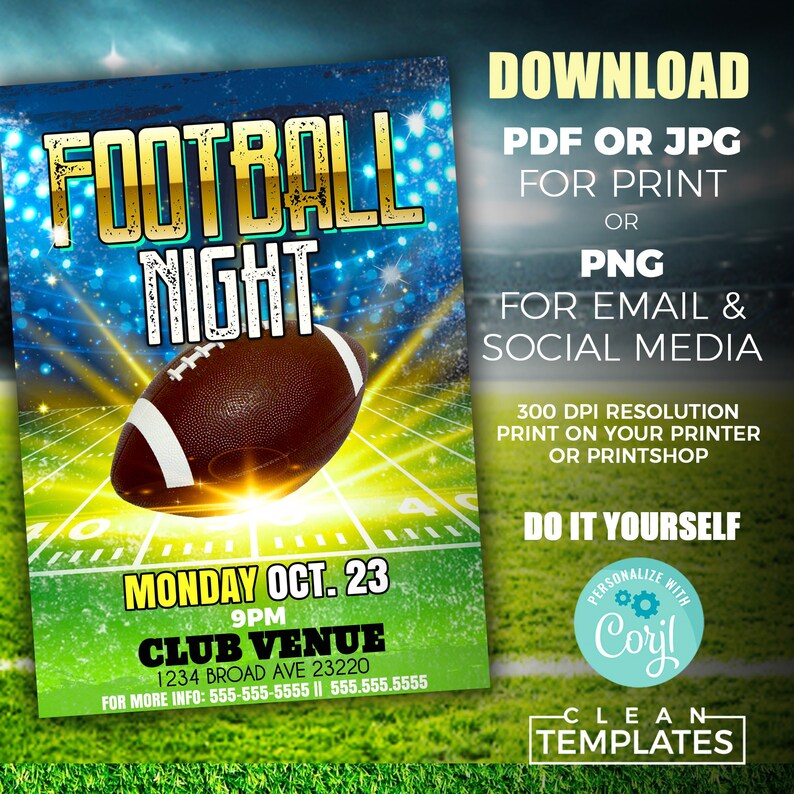 K&ouml;nnte beinhalten: Eine druckbare Einladung zu einer Fussballparty. Die Einladung zeigt einen Fussball auf einem gr&uuml;nen Feld mit dem Text "Football Night" in goldenen Buchstaben. Die Einladung enth&auml;lt auch das Datum, die Uhrzeit und den Ort der Party.
