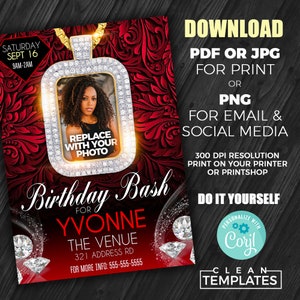 May include: A red and black birthday party invitation with a diamond-encrusted pendant necklace. The invitation features a photo placeholder, the text "Birthday Bash for Yvonne", and the venue details. The invitation is designed with a red and black floral pattern.