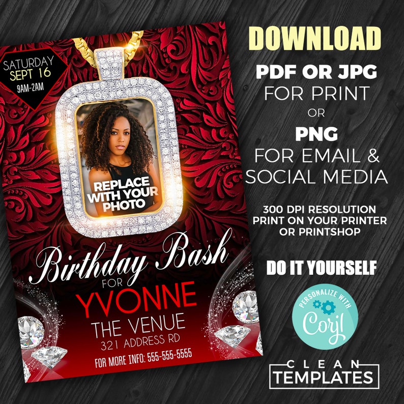 May include: A red and black birthday party invitation with a diamond-encrusted pendant necklace. The invitation features a photo placeholder, the text "Birthday Bash for Yvonne", and the venue details. The invitation is designed with a red and black floral pattern.