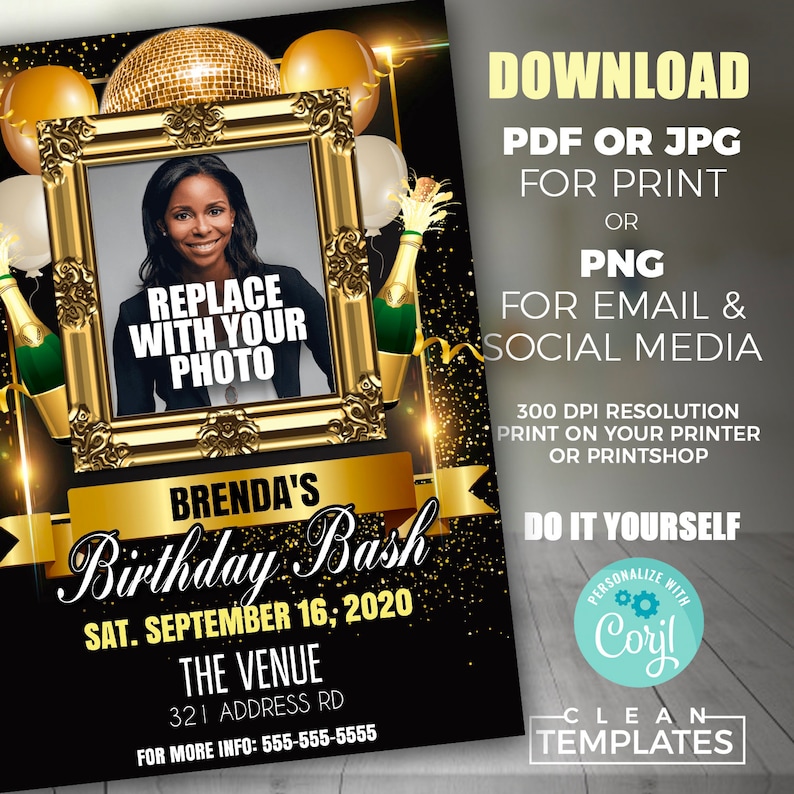May include: Gold and black birthday party invitation with a photo frame, champagne bottles, and confetti. The text reads "Brenda's Birthday Bash" and "Sat. September 16, 2020".